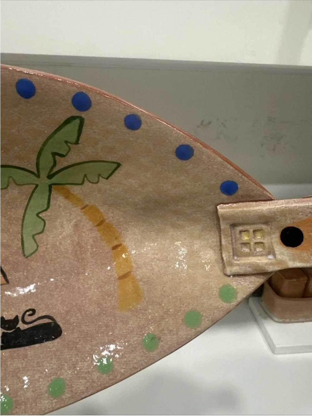Hand Painted Oblong Pottery Dish Sun Palm Trees Cats Folk Art